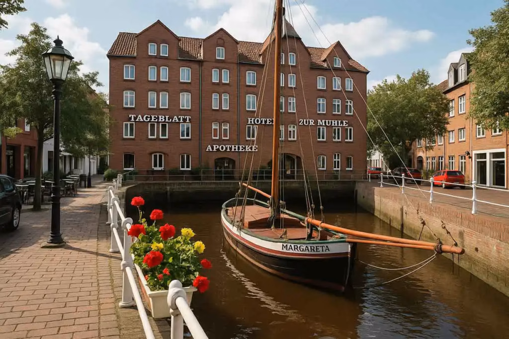 Historische Hafenszene mit dem Segelschiff „Margareta“ vor einem roten Backsteingebäude in Buxtehude, umgeben von Blumen, Bäumen und Kopfsteinpflaster – Symbolbild für „Erste-Hilfe-Kurs-Buxtehude“.